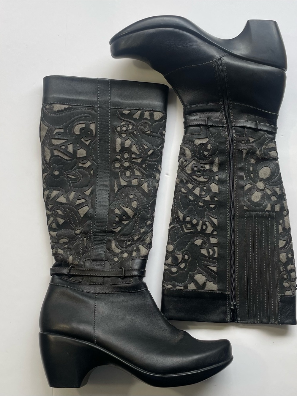 Naot Viento Tall Leather Boots Black Grey Laser Cut Scroll Med Goth EU 40 US 9